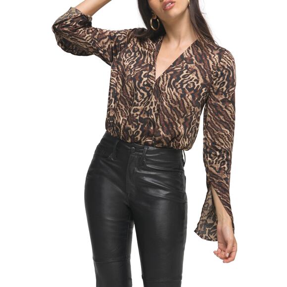 Good American Flowing Faux Wrap Front Long Sleeve Bodysuit Jaguar Womens Size 1 - Picture 1 of 8